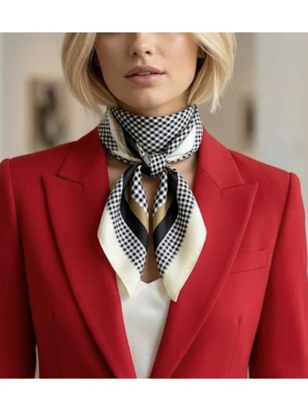 ⭐Elegant Bandana Geometric Scarf Silky Satin Soft Beige Black Checkered Wrap New